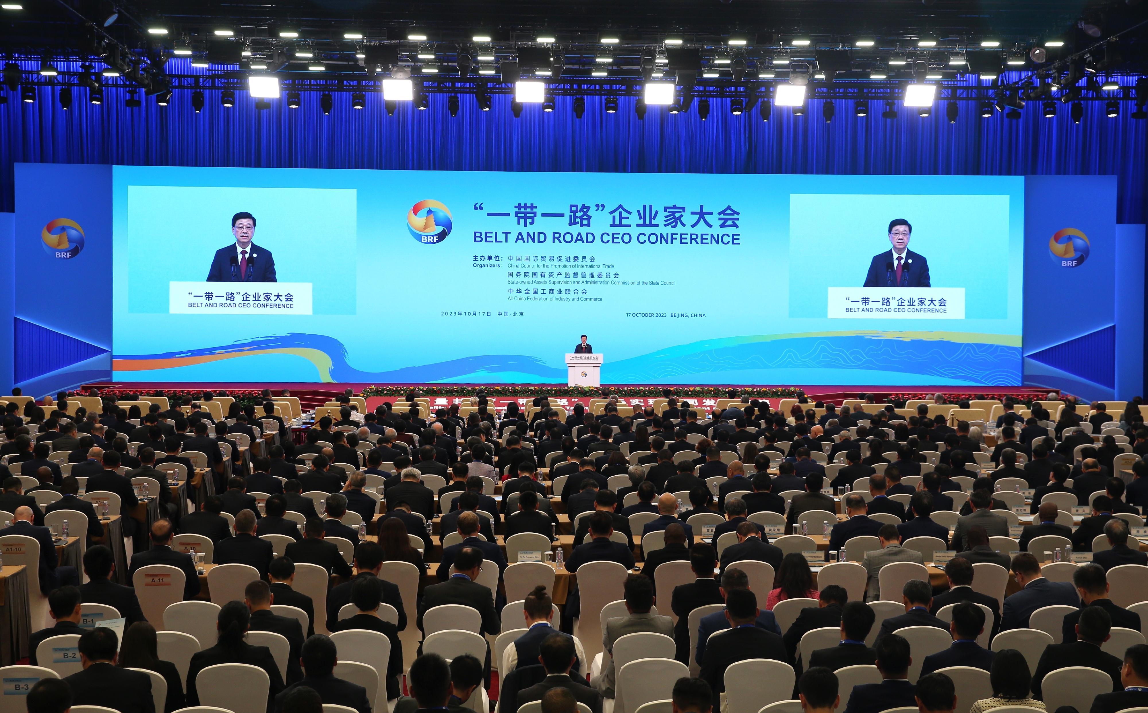 The Chief Executive, Mr John Lee, led a high-level Hong Kong Special Administrative Region delegation comprising senior government officials and members of various sectors to participate in the CEO conference of the third Belt and Road Forum for International Cooperation in Beijing today (October 17). Photo shows Mr Lee speaking at the Plenary Meeting of the conference.