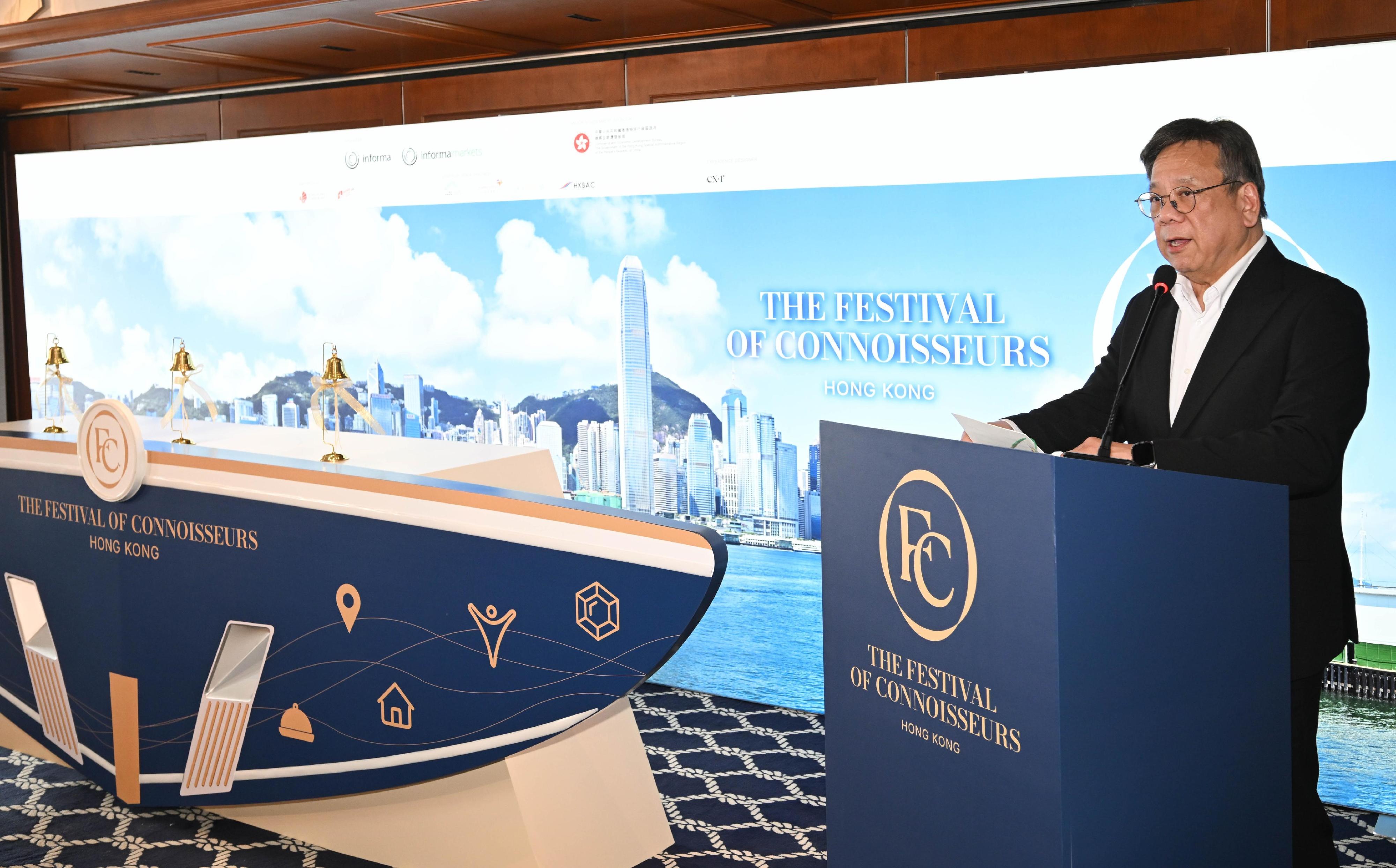 With the support and facilitation of the Commerce and Economic Development Bureau, The Festival of Connoisseurs, an international flagship exhibition showcasing superyachts and premium lifestyles, will make its debut in Hong Kong this November. Photo shows the Secretary for Commerce and Economic Development, Mr Algernon Yau, speaking at the press conference held by the exhibition organiser today (September 3).
