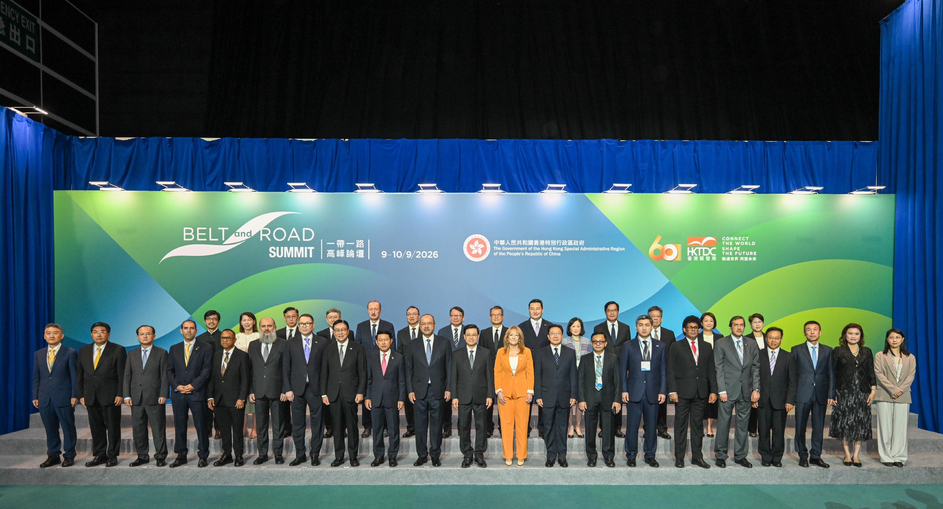 The Chief Executive, Mr John Lee, attended the 11th Belt and Road Summit today (September 9). Photo shows Mr Lee (front row, centre); the Prime Minister of Uzbekistan, Mr Abdulla Nigmatovich Aripov (front row, tenth left); the Vice President of Uruguay, Ms Carolina Cosse (front row, tenth right); Deputy Prime Minister of Laos Mr Saleumxay Kommasith (front row, ninth left); the Director of the Liaison Office of the Central People's Government in the Hong Kong Special Administrative Region (HKSAR), Mr Zhou Ji (front row, ninth right); Vice Minister of Commerce Mr Yan Dong (front row, third left); Vice Chairman of the State-owned Assets Supervision and Administration Commission of the State Council Mr Li Zhen (front row, third right); the Commissioner of the Ministry of Foreign Affairs in the HKSAR, Mr Cui Jianchun (front row, fourth right); the Chief Secretary for Administration, Mr Chan Kwok-ki (back row, seventh left); the Financial Secretary, Mr Paul Chan (back row, seventh right); the Secretary for Justice, Mr Paul Lam, SC (back row, sixth left); the Deputy Chief Secretary for Administration, Mr Cheuk Wing-hing (back row, fourth left); the Deputy Financial Secretary, Mr Michael Wong (back row, fourth right); the Deputy Secretary for Justice, Dr Cheung Kwok-kwan (back row, third left); the Secretary for Commerce and Economic Development, Mr Algernon Yau (back row, third right); the Chairman of the Hong Kong Trade Development Council, Professor Frederick Ma (front row, eighth left), and other guests at the summit.