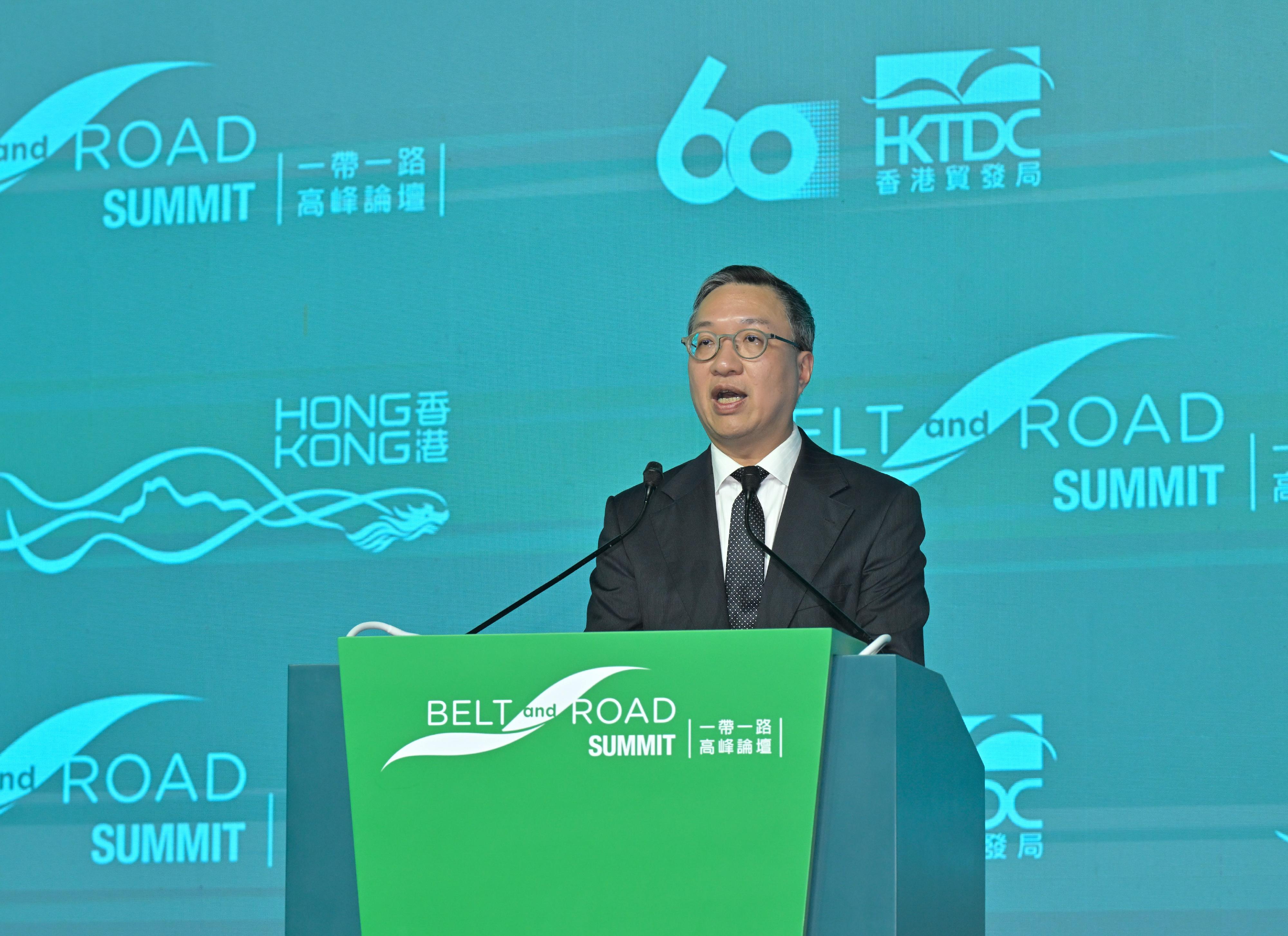 The Secretary for Justice, Mr Paul Lam, SC, attended the 11th Belt and Road Summit today (September 9). Photo shows Mr Lam delivering his welcome remarks at the thematic breakout session 'Hong Kong: Super Connector · World-class Springboard - Professional Services Empowering Global Expansion' of the summit.